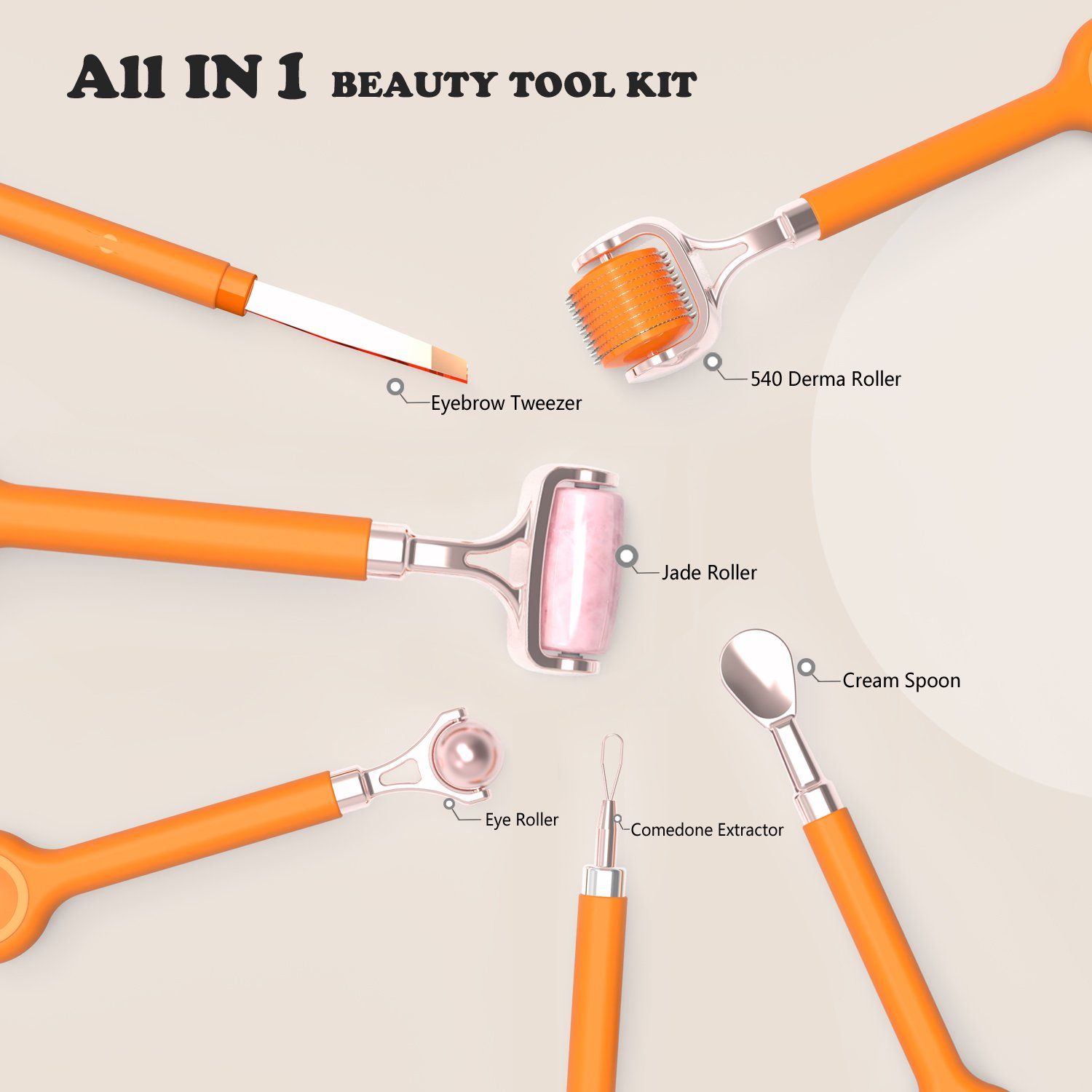 Multifunctional 6 in 1 Beauty Tool Kit Ice Roller 540 Derma Roller De-Puffing Eye Roller Comedone Extractor Eye Cream Spoon Eyebrow Tweezer Massage Jade Rolle