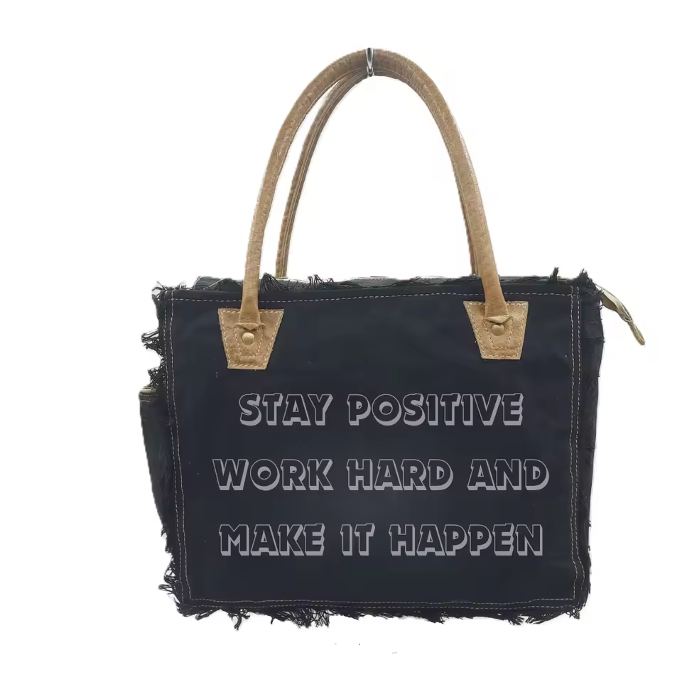 Vintage Style Canvas Tote Bag With Leather Handles Frayed Edges & French Typography All Day Carry For Travel & Casual Use Oem