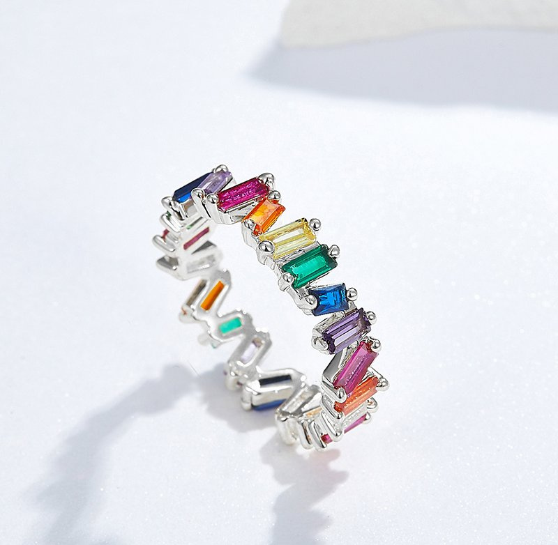 Rectangle Cut Colorful Cubic Zirconia Wedding Band Stacking Ring Anniversary Bridal Ring Gift for Her 925 Sterling Silver Ring Jewelry