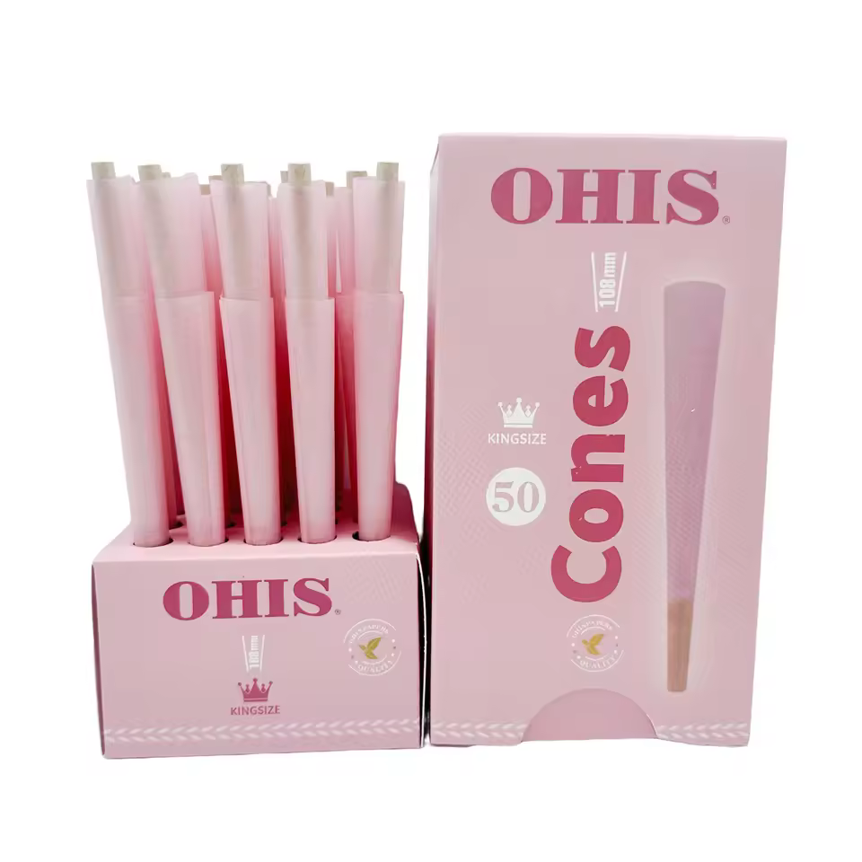 Ohis High Quality 108 Mm Pink Rolled Cones 50 Cones In Box With A Free Tray Organic Slow-burning Paper Oem Cones Smoke Shop