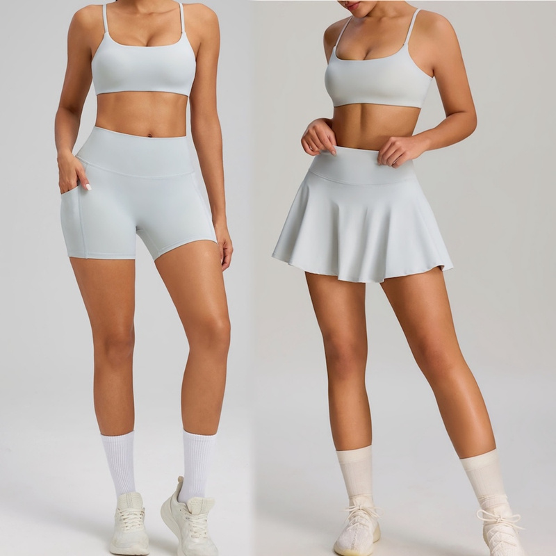 Private Label 3 Piece Pleated Mini Golf Skirt Set Cute Sporty Bra with Gym Shorts and 2 in 1 Tennis Skort Activewear Matching Fitness Outfits with Pocket