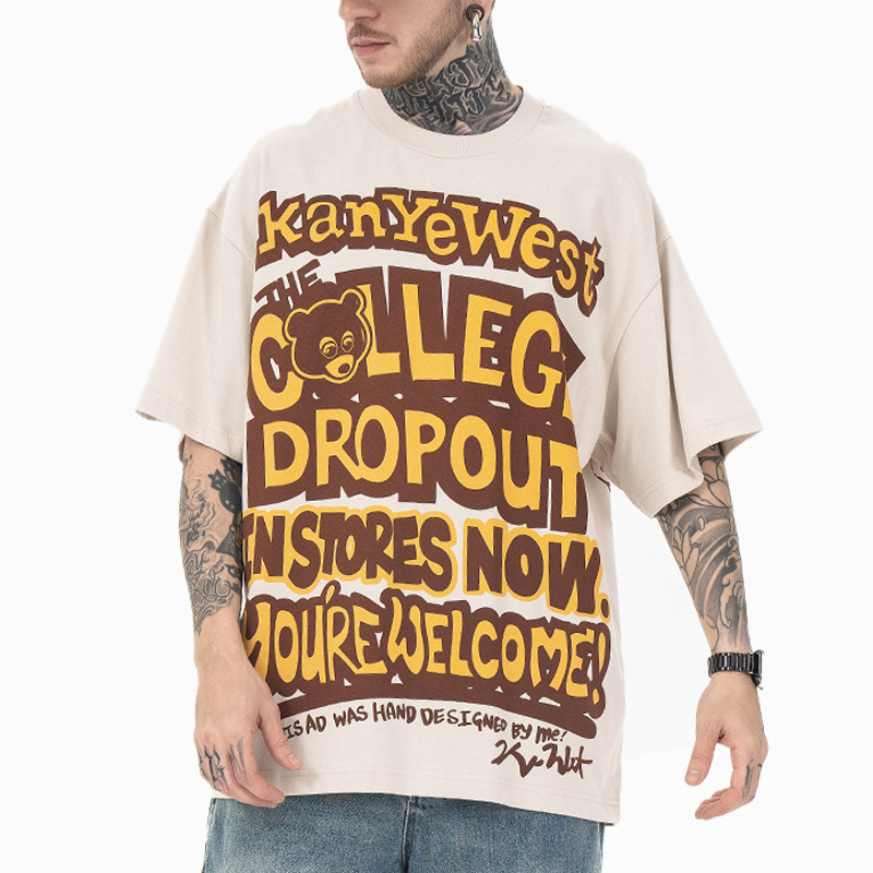 Fashion Brand 95%Cotton 5%Spandex Vintage Bear Letter Printed Hip Hop Short-Sleeved Men's Streetwear Tees