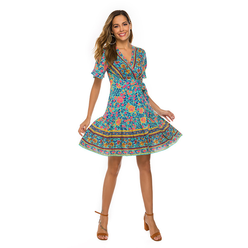 Women Sexy V Neck Split Print Tunic High Split Casual Long Dresses Bohemian Floral Print Beach Party Maxi Dress