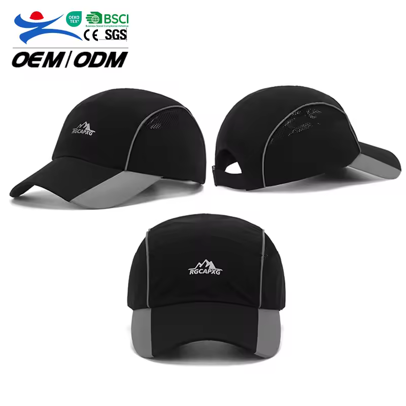Rongguang High Quality Quick Dry Running Sports Hats Gray Black Custom Cheap Baseball Cap With Breathable Mesh