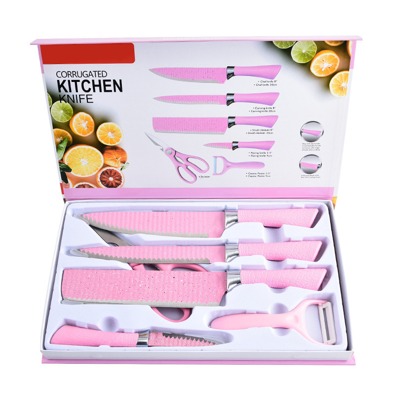 Colorful Straw Non-Stick Coated 6PCS Stainless Steel PP Handled Kitchen Knife Set with Gift Box