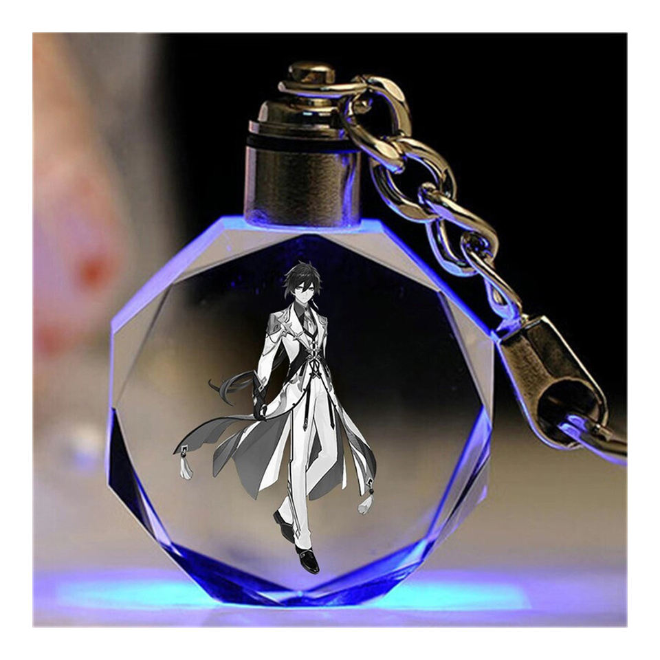 LED Keychain Crystal Pendant 3D Illusion Custom Cute Anime Lamp Laser Logo Lighting Glass Crystal Plastic Acrylic Light Keychain