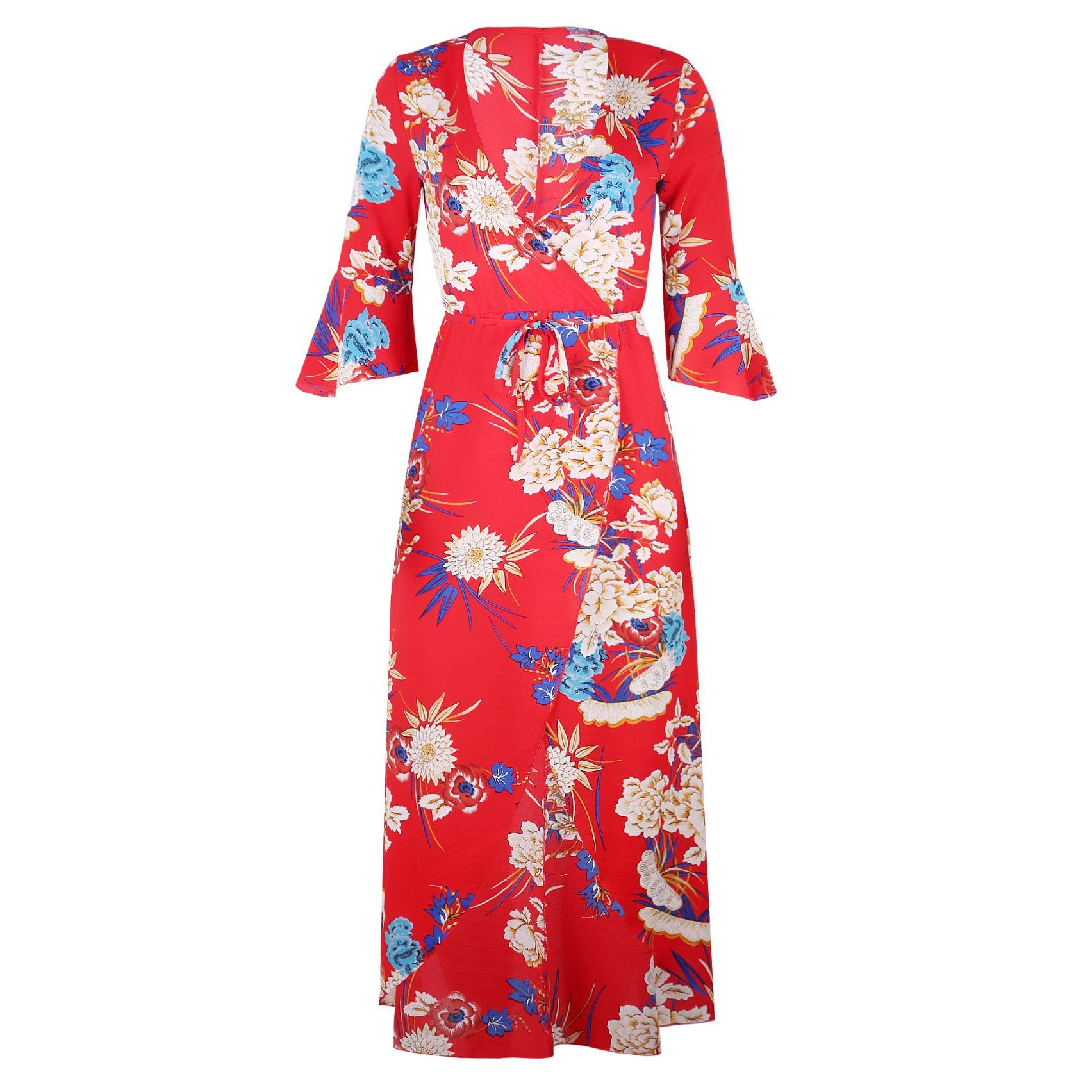 Women's Summer Beach Floral Printed Low Cut V Neck Maxi Casual Chiffon Dress