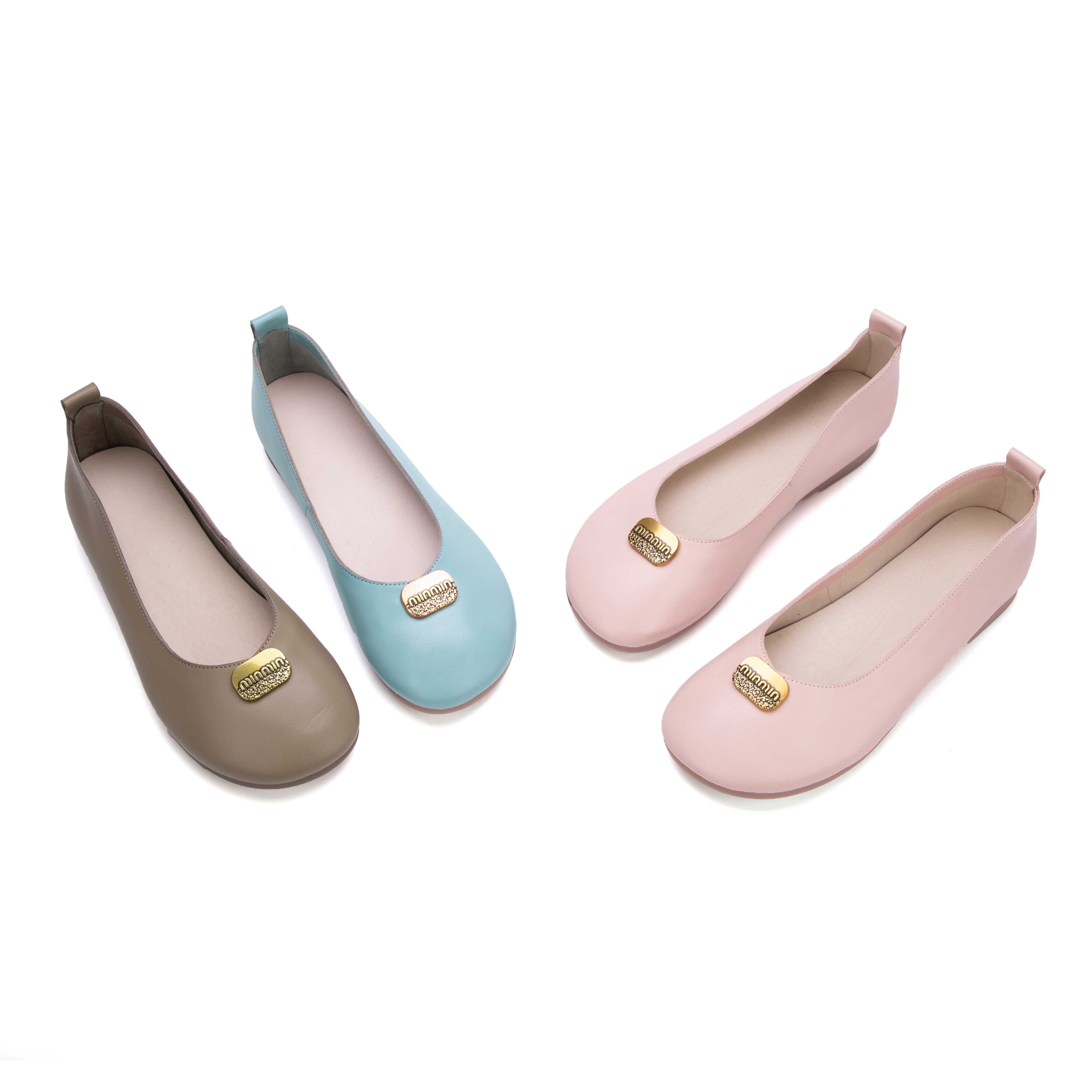 China Women's Shoes Factory OEM ODM Walking Style Soft Leather Women Ballet Flat Shoes Slip on Low Heeled Flats Ladies