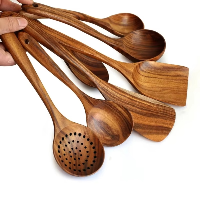 New Natural Teak Wooden Utensils Set for Cooking Kitchen Silicone Spatulas Spoons More!