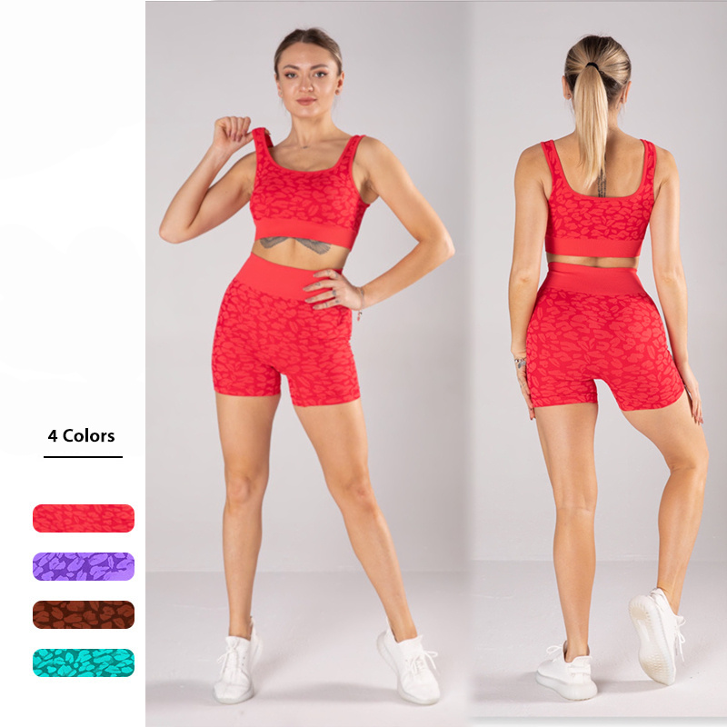 Dongguan Yoga Factory Bespoke Brand Logo 2PCS Seamless Fitness Clothes for Women, Tie Dye Printed Leopard High Waist Workout Shorts + U Neck Gym Bra