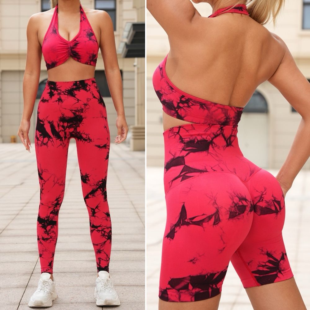3PCS Stylish Tie Dye Printed Gym Outfits Exercise Apparel for Sexy Ladies, Push-up Yoga Sports Bra + High Waisted Shorts + Leggings Backless Activewear Set