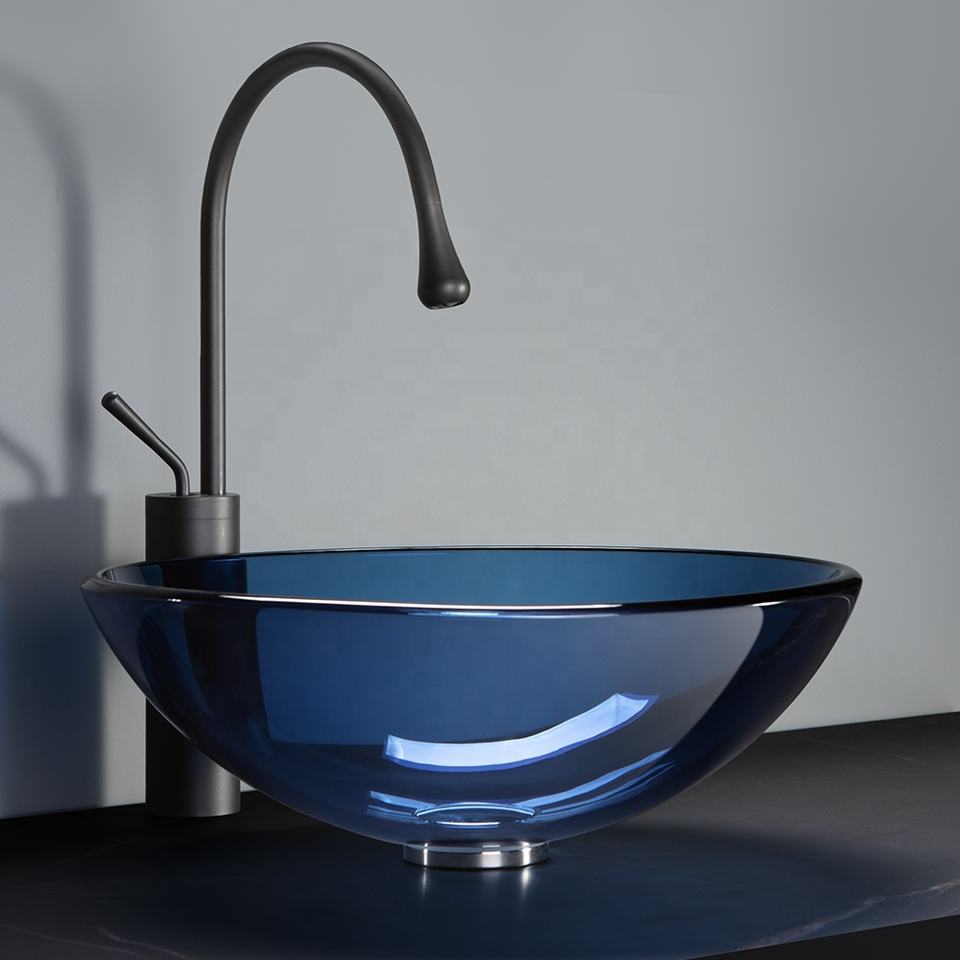 Boweiya Manufacturer Wholesales Cheap Bathroom Blue Glass Bowl Wash Hand Basin Vessel Sink