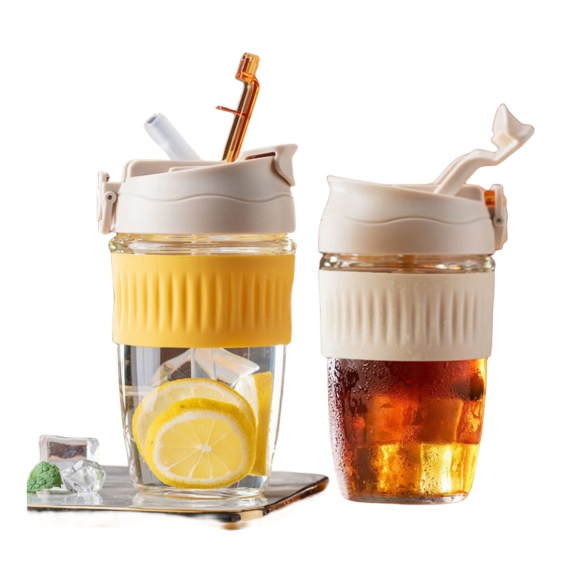 350ml 12oz Outdoor Travel Direct Drink Coffee Mug Silicone Sleeve Glass Borosilicate Straw Cup