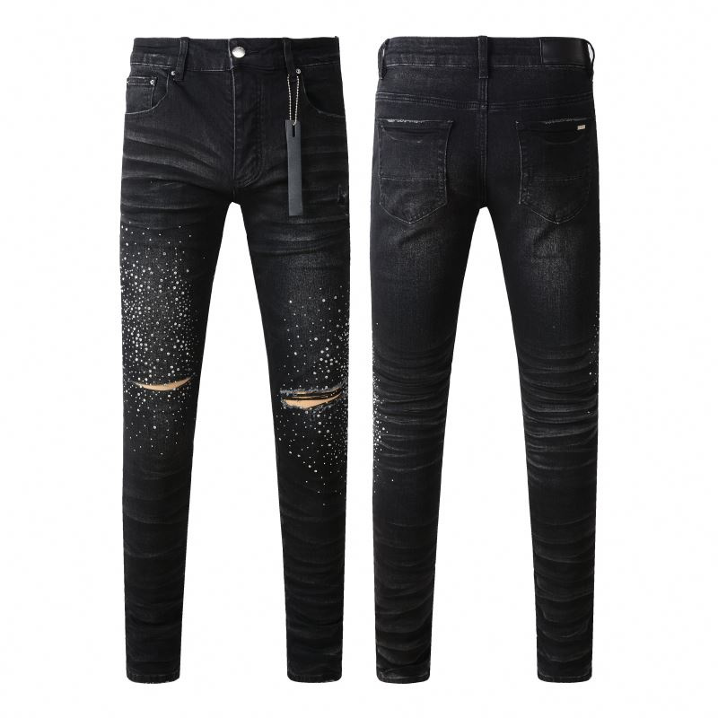 Style Brand Men Stock Black Am Skinny Jeans Wholesale Crystal Top Quality Diamond Hole Street Digital Printing ODM Knitted