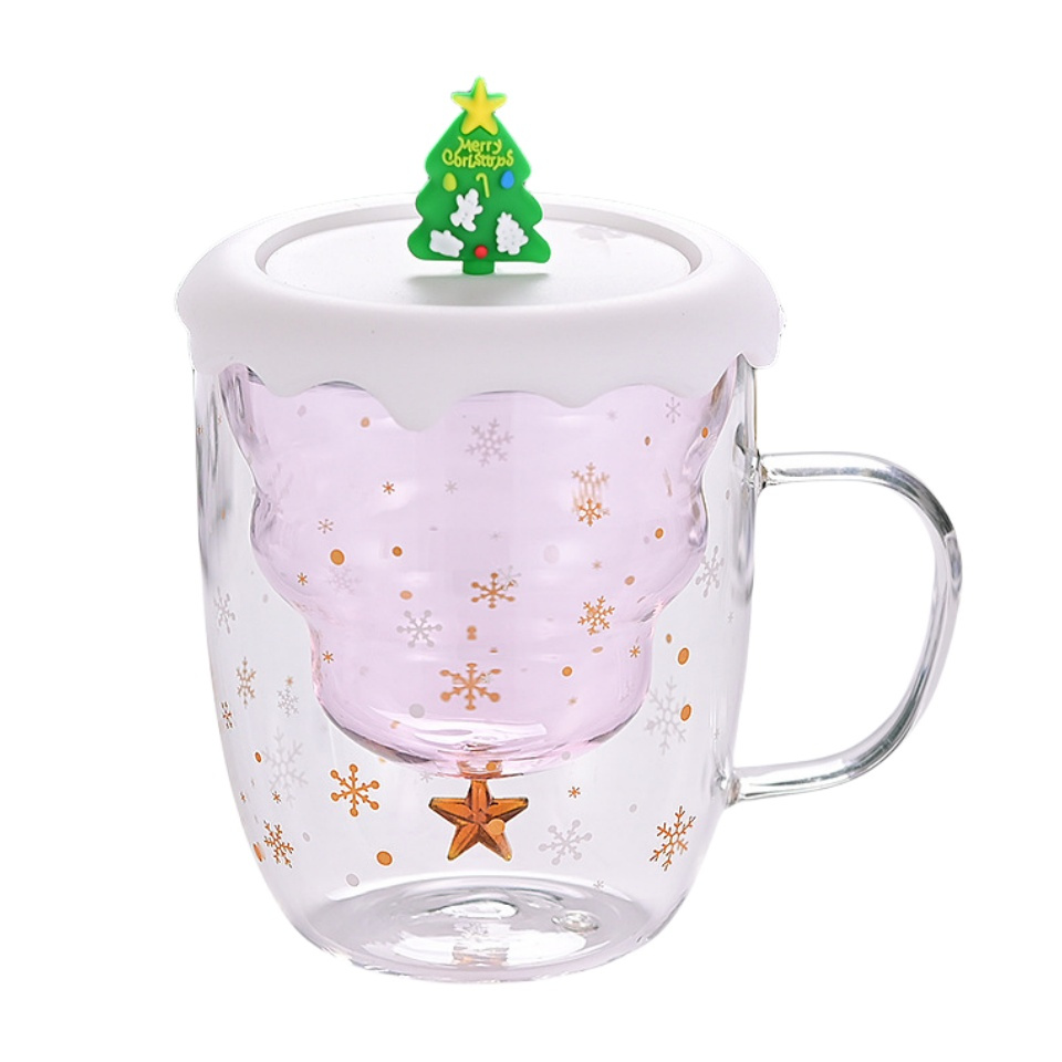 Holiday Gift Double Wall Glass Milk Mug Christmas Glass Cups with Silicone Lid