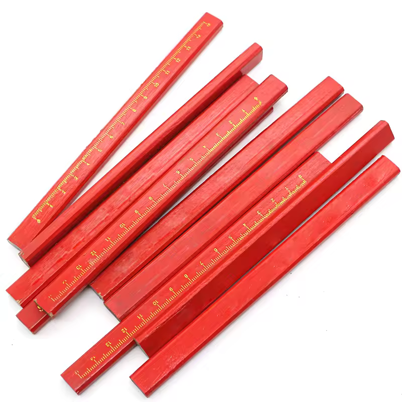 Nature Wood Flat Shaped Red Colored Pencil Bulk Marker Hard Black Lead Bulk Wooden Square Carpenter Pencils With Carved Ruler