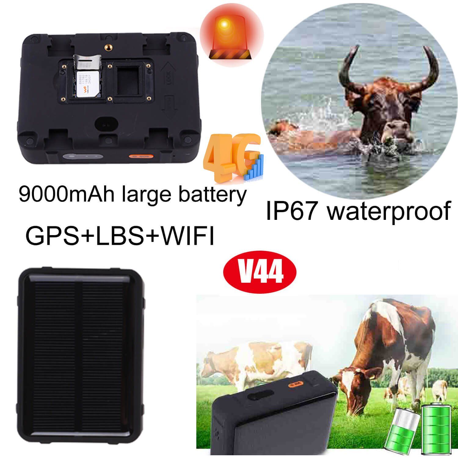 New Arrival 4G IP67 Waterproof Animals 9000mAh Long Battery Life Solar Charging GPS Tracking Tracker Device with Geo-fence V44