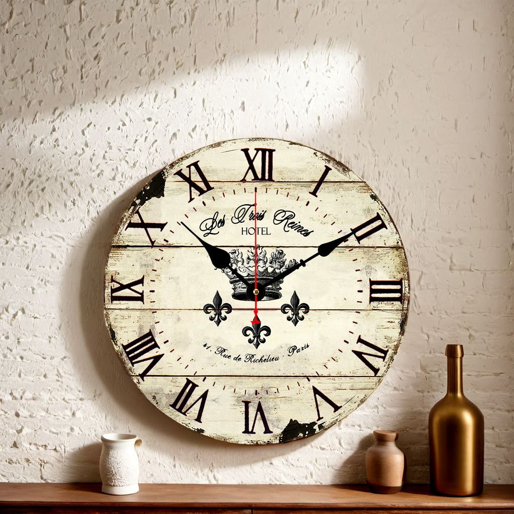 34cm Retro Vintage Clock Crown Pattern Non-Ticking Silent Wooden Wall Clock Quartz Battery Operated Decor Retro Design Clock for Kitchen/Living Room/Bed Room