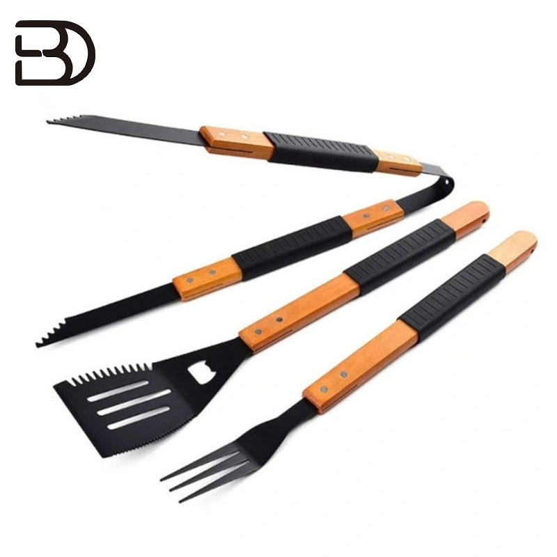 Wholesale 3 Piece Wooden Handle Grill Set BBQ Accessories Set Stainless Steel Tongs Spatula Fork Kitchen Utensils Set