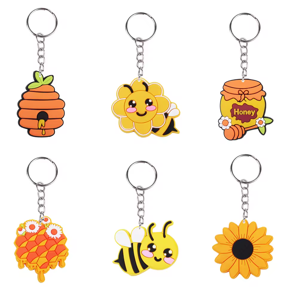 2025 Latest 3d Cute Honeybee Keychain Kids' Paw Prints Schoolbag Pendant Stainless Steel Cartoon Rubber Keyring Non-toxic