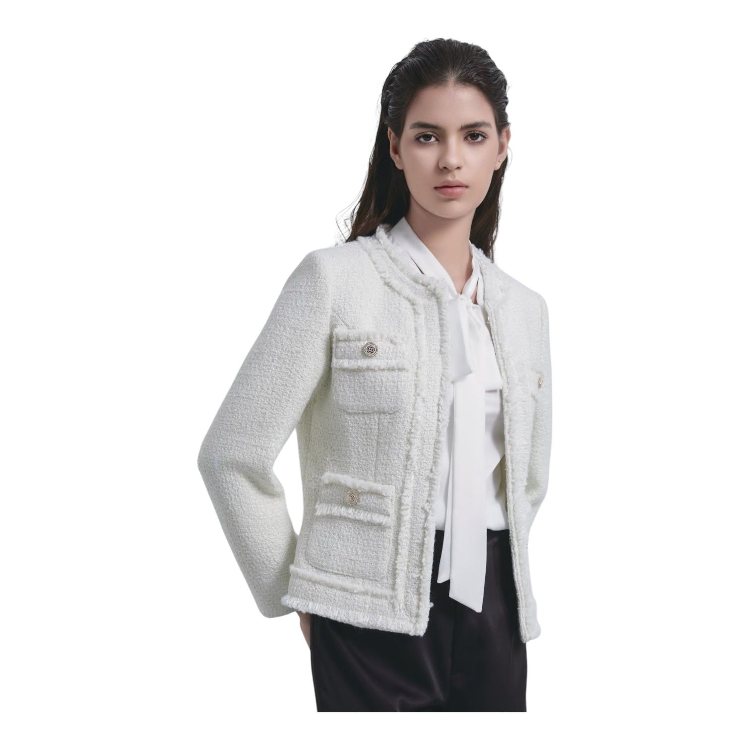 Elegant Round-Neck Design for a Sophisticated and Timeless Appearance Mtm Women Tweed Jacket