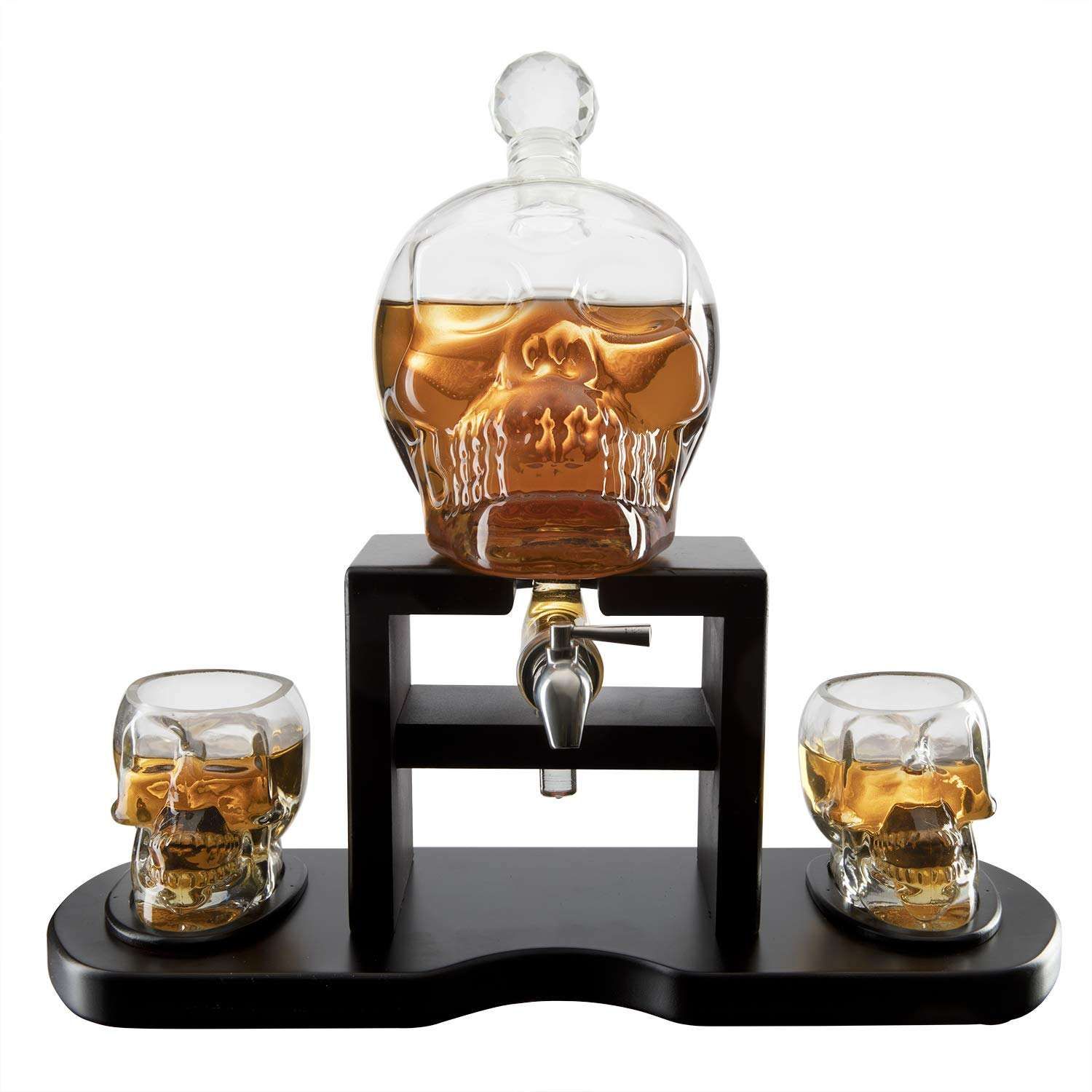Wholesale 2PCS Skull Glasses Cup Wooden Base Skull Whiskey Decanter Set with Spigot