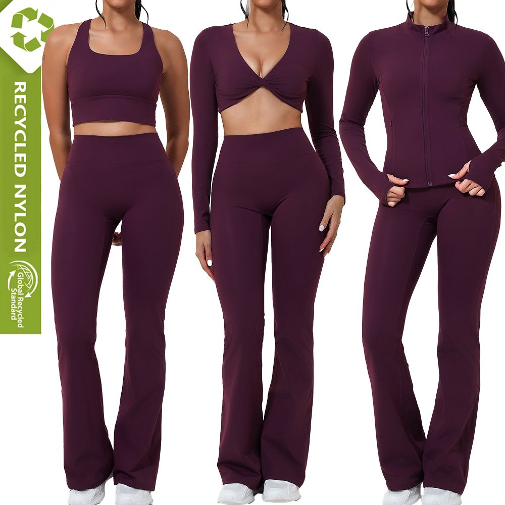 Hot 4PCS Sustainable Activewear Set Gym Fitness Clothing for Women, Cross Back Sports Bra + Long Sleev Top + Running Jacket Flare Pants Recycled Pilates Apparel
