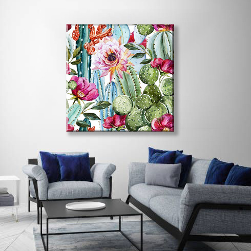 Cactus Pattern Watercolor Floral Art Canvas Print Contemporary Still Life Flower Leaves Abstract Painting