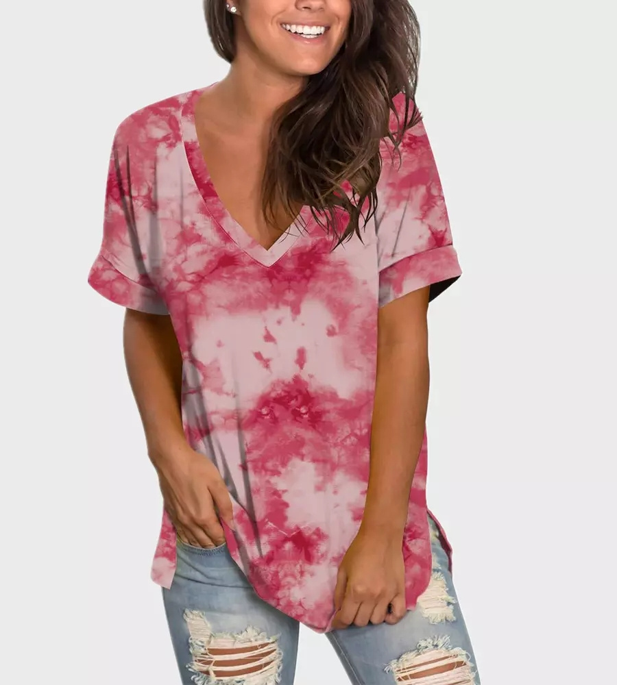 Summer Women's New V-Neck Top Tee Tie Dye Casual Female T-Shirt Free Feeling