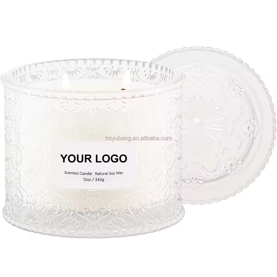 Premium Embossed Glass Jar Soy Wax Scented Candle For Home Decoration With Glass Containers Lid