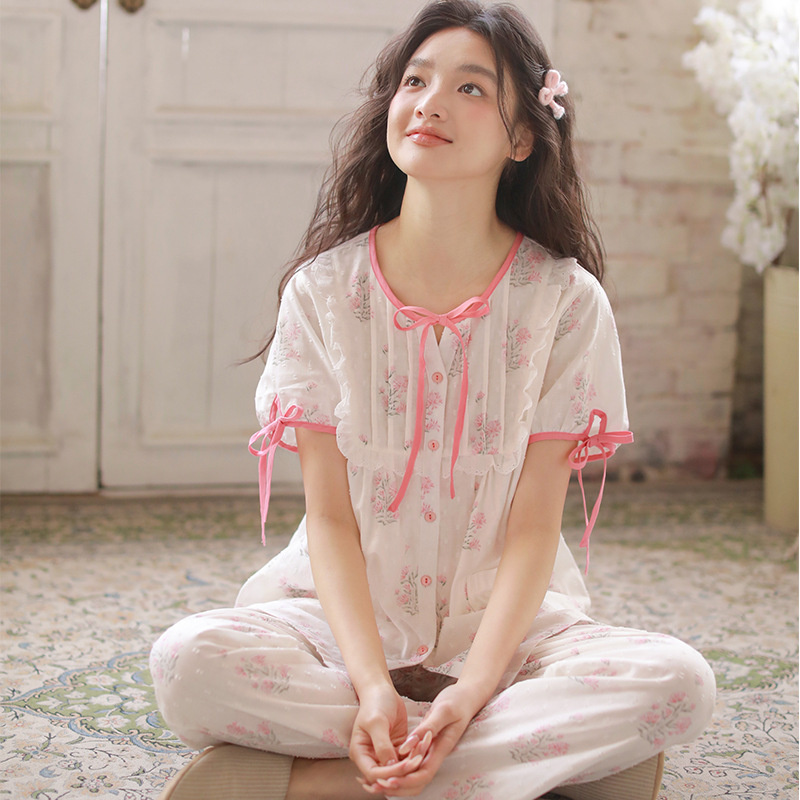 Customizable Women's Summer Pajama Set - Lace Trim Short-Sleeve Top & Cotton Long Pants, New Arrival Loungewear