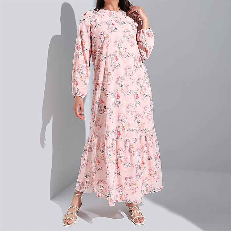 Elegant Pink Floral Printed Long Sleeve Abaya Dress for Women