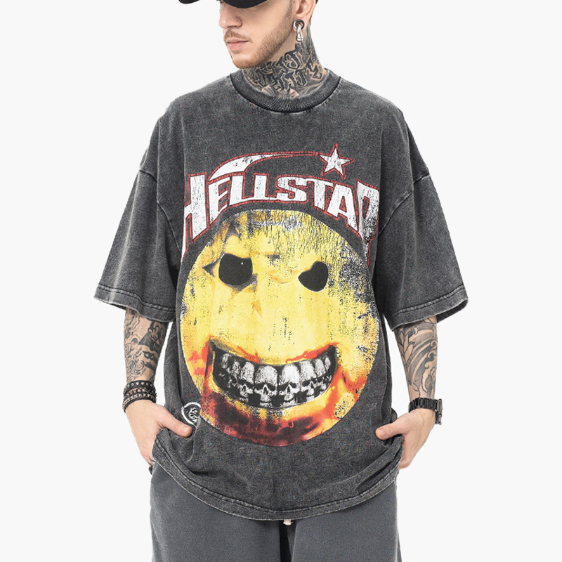 95%Cotton 5%Spandex High Street Heavy Duty Retro Damaged Smiling Face Print Round Neck Short Sleeve T-Shirt for Men