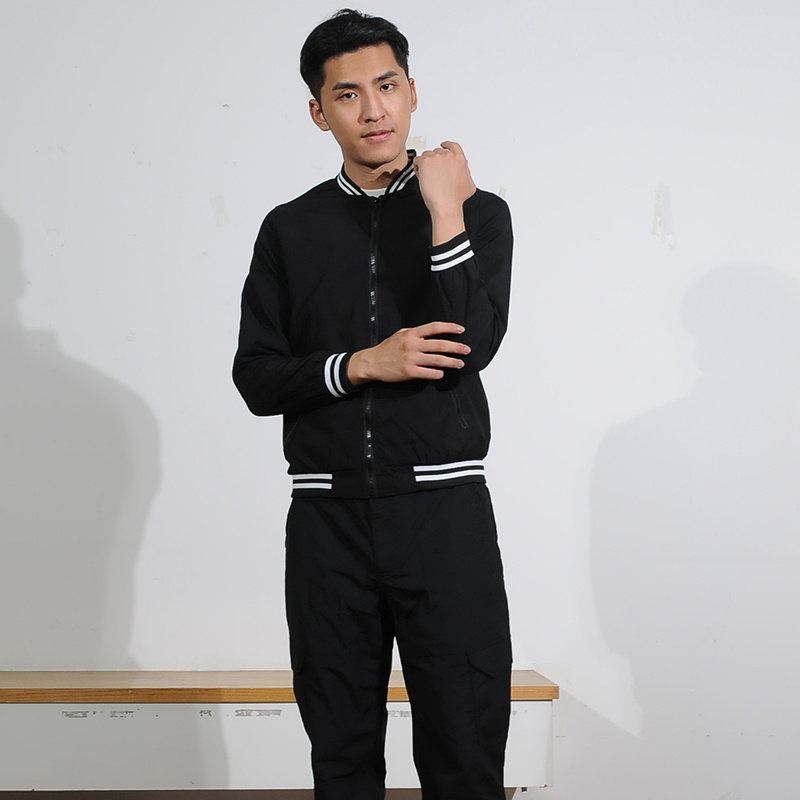 RPET Fabric Sweatshirt Zipper up Black Men's Plain Varsity Jacket