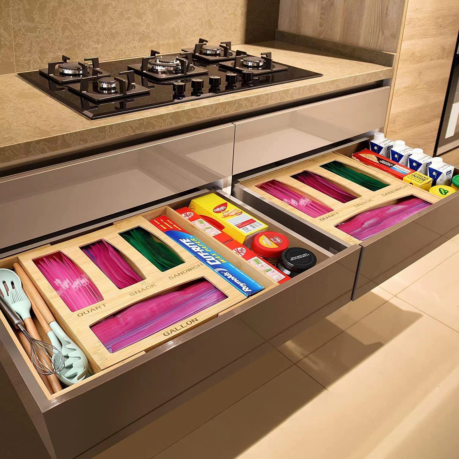 Expandable Wood Sealing Food Bag Storage Box Drawer Organizers Bamboo Ziplock Bag Storage Organizer