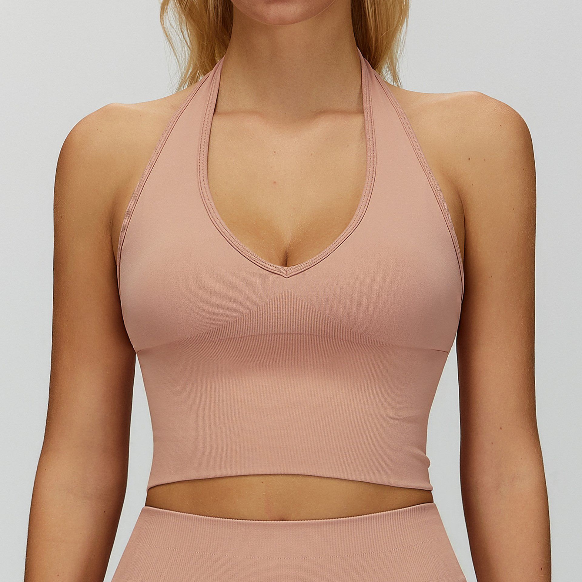 Women's Halter Crop Top V Neck Workout Going out Tank Top Hazel Padded Sleeveless Backless Trendy Summer