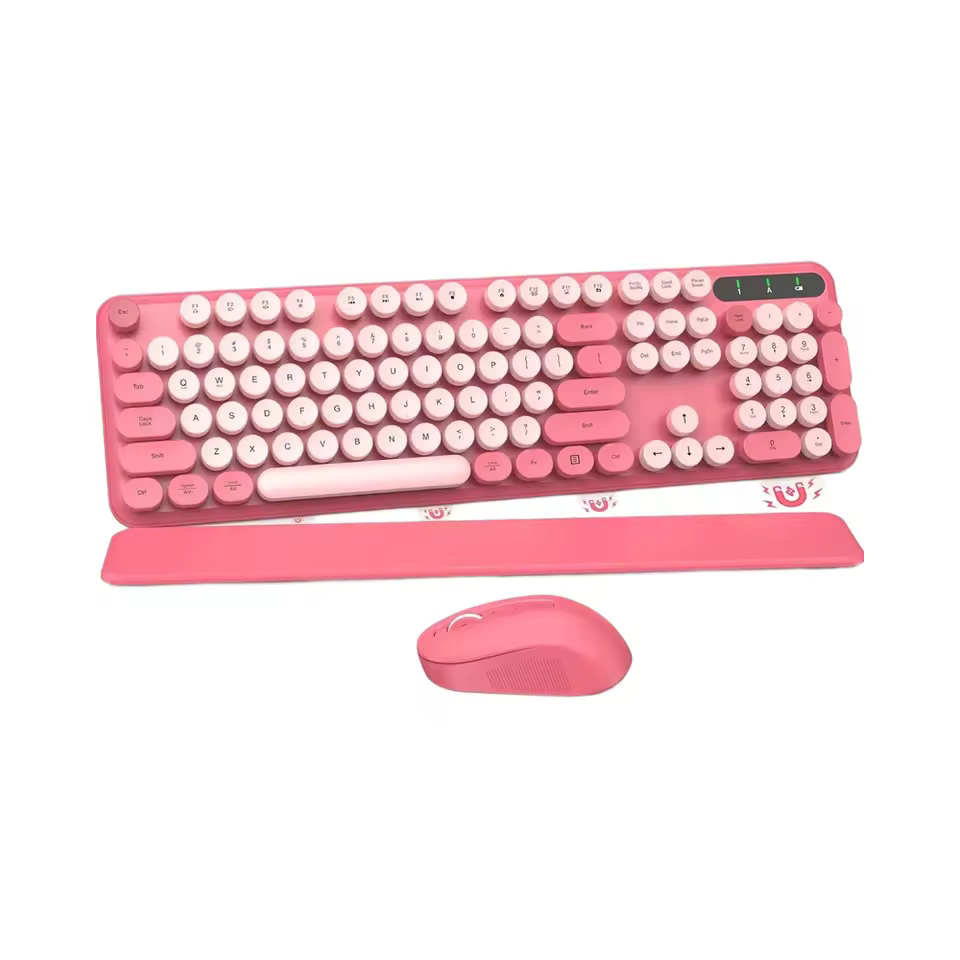 Hot Pink Wireless Keyboard Mouse Combo Full-size Retro Typewriter Keyboard Detachable Wrist Rest Sleep Mode Tilt Legs 2.4ghz