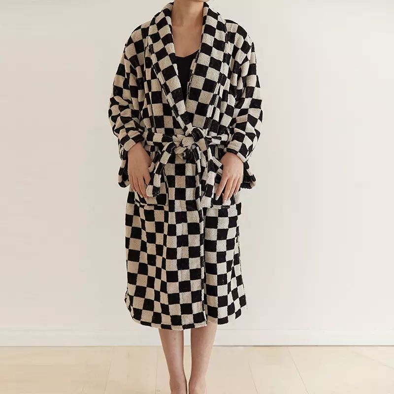 Luxury Thermal Bathrobe For Women Designer Black Check Robes Plus Size Home Dressing Gown Made Warm Cotton Toweling Terry Bulk
