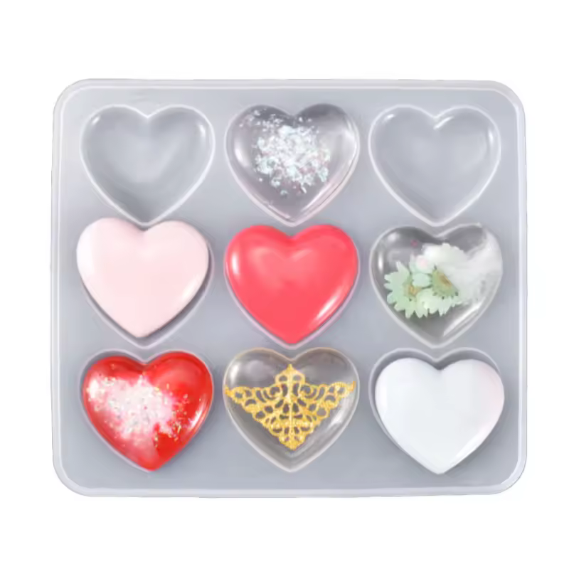 Hot Selling 100% Food Grade Heart Epoxy Casting Mould 9 Cavity Heart Shape Silicone Chocolate Resin Mold