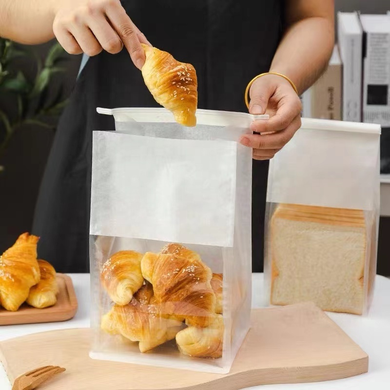 Reusable Whole Wheat Bread Packaging Bag with Window and Tin Tie Tab Lock Package for Bakery and Toast