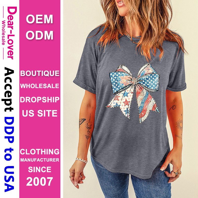 Dear-Lover Wholesale DDP Air Shipping Import Tariffs Included Us Flag Bow Print Round Neck Loose Women T Shirt