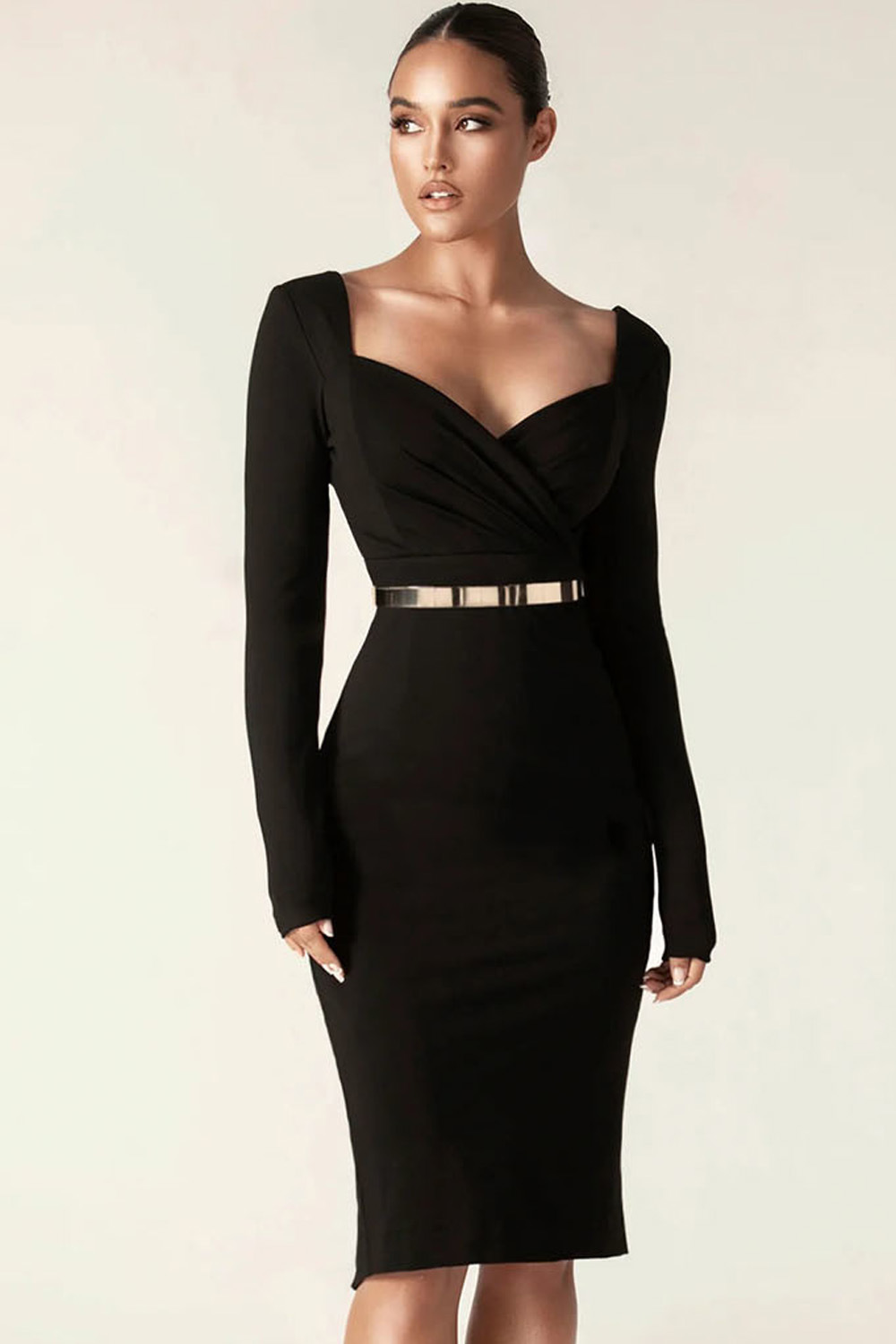 Knitted Bodycon Sweetheart Neck MIDI Dress Black Dress Women's Waist Retro Dress with Waist Belt