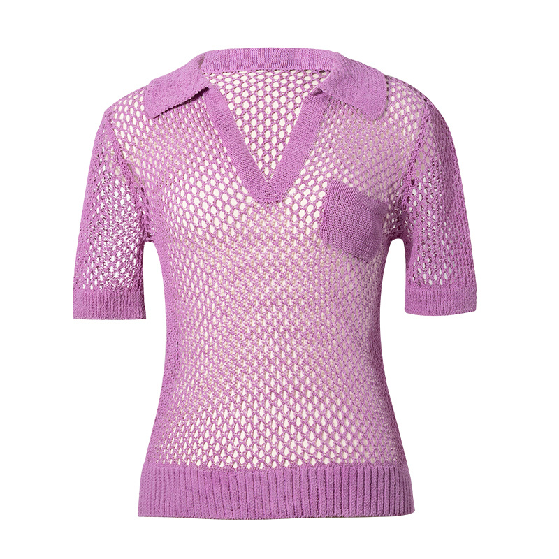 Factory Wholesale Women's Streetwear Knitted Sweater Hollow V-Neck Casual Short Sleeve Fashion Summer Blouse