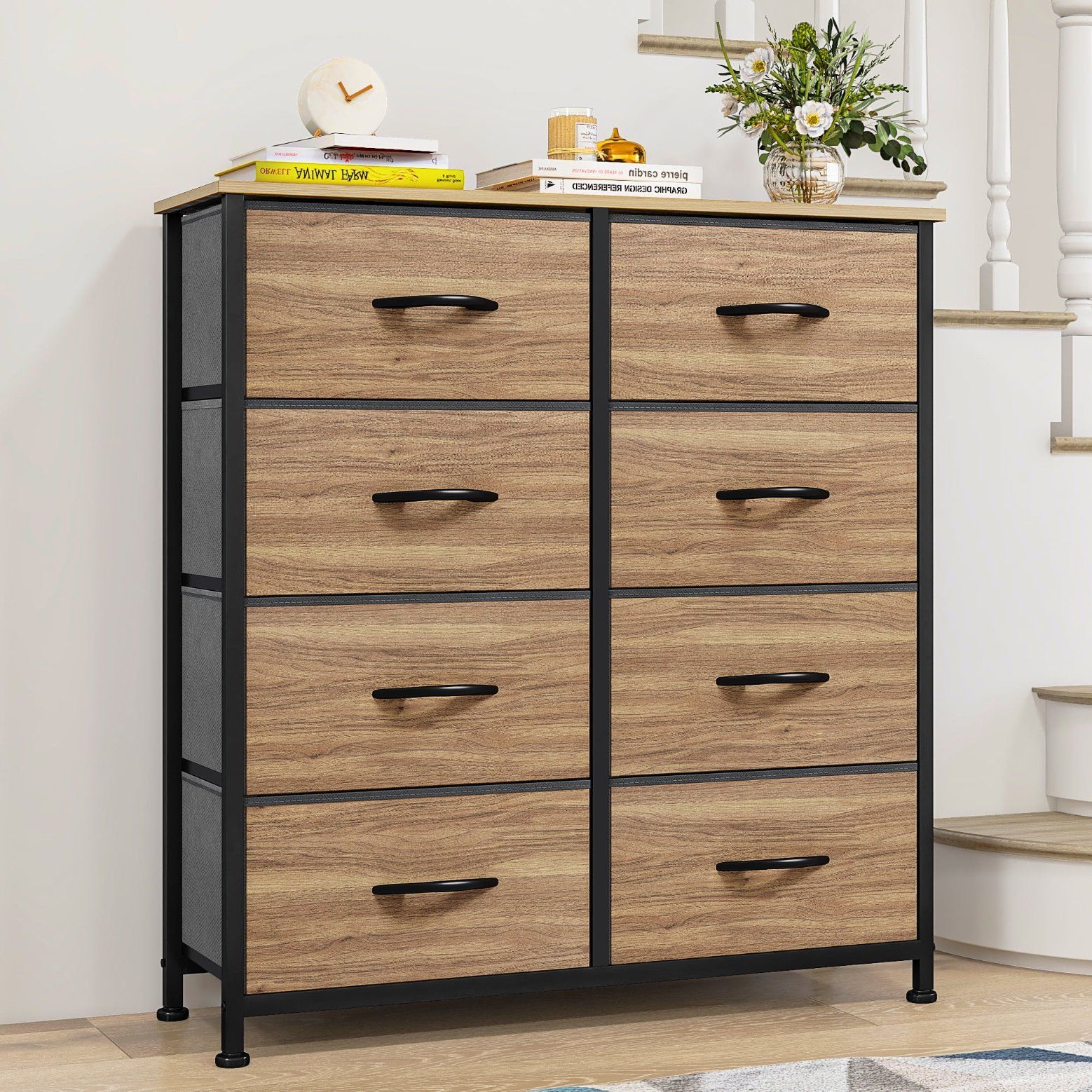 8-Drawer Fabric Dresser with Wood Grain Storage Unit for Adults & Teens