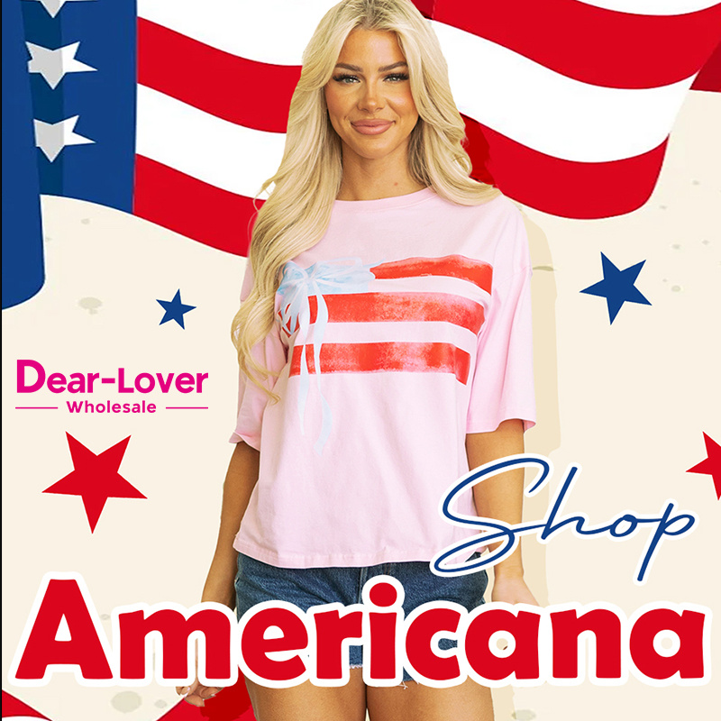 Dear-Lover Wholesale DDP Air Shipping Import Tariffs Included Fashion Cute Flag Bow Graphic Crewneck Tee