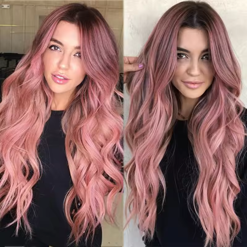 European And American Wig Long Curly Hair Pink Wavy Long Hair In A Split Chemical Fiber Hair Set Purple Woman Synthetic Wigs 1pc