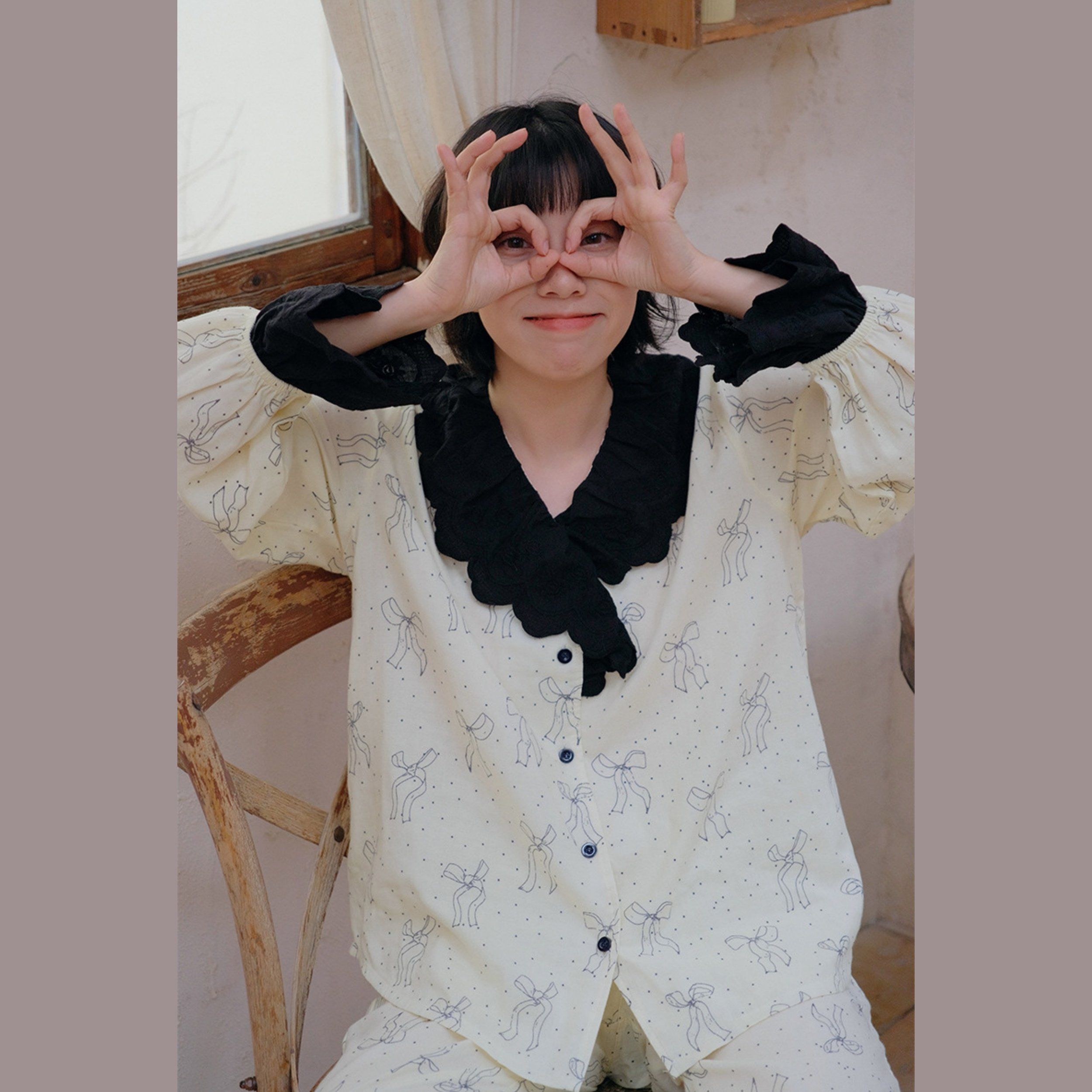 Customizable Women's Lace Trim Pajama Set-Long Sleeve Pure Cotton Loungewear for Spring and Autumn