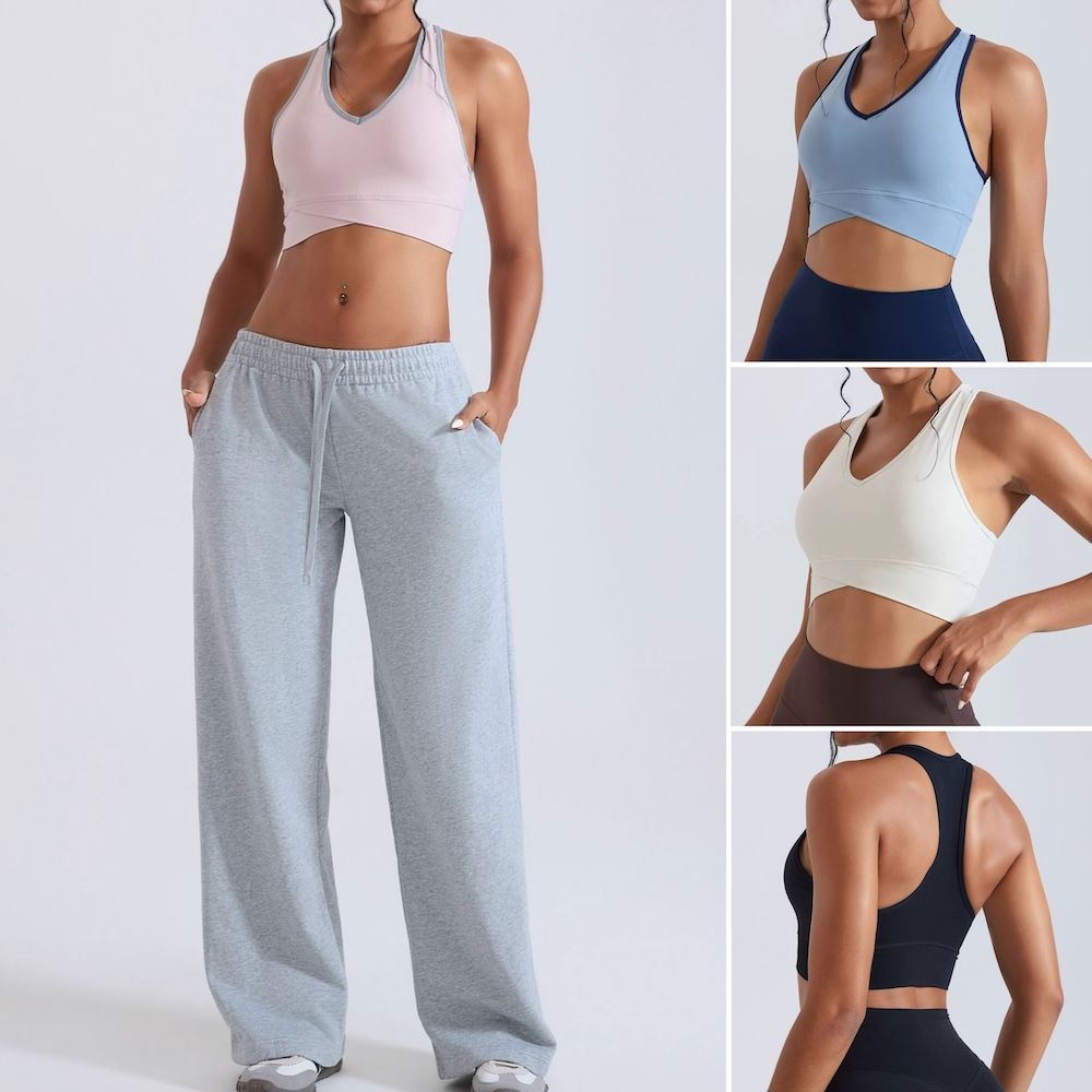 Tianchen Garment Factory Wholesale Fitness Apparel Premium Soft V Neck Sports Bra for Women, Cross Hem Activewear Athletic Crop Tops with Removable Pads