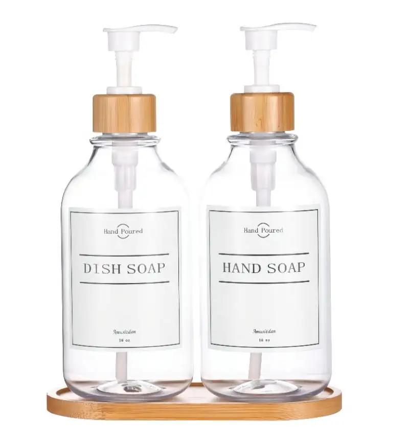Wholesale 500ml Liquid Hand Sanitizer Lotion Plastic Bottle Home Decoration and Bamboo Tray Bathroom Hand Soap Dispenser