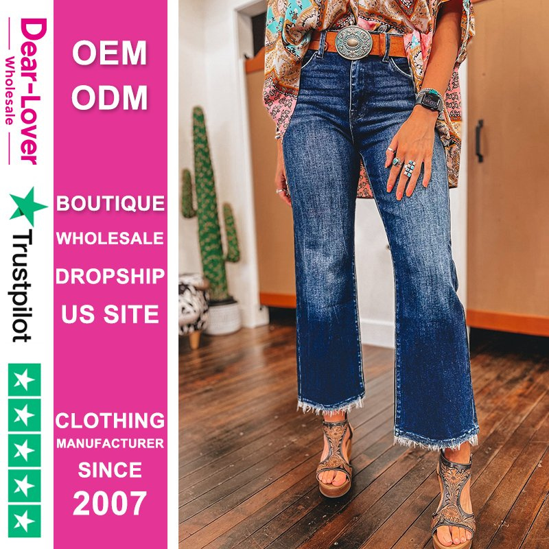 Dear-Lover Wholesale Boutique Fast Shipping New Arrivals Mineral Wash Raw Hem High Waist Flared Jeans